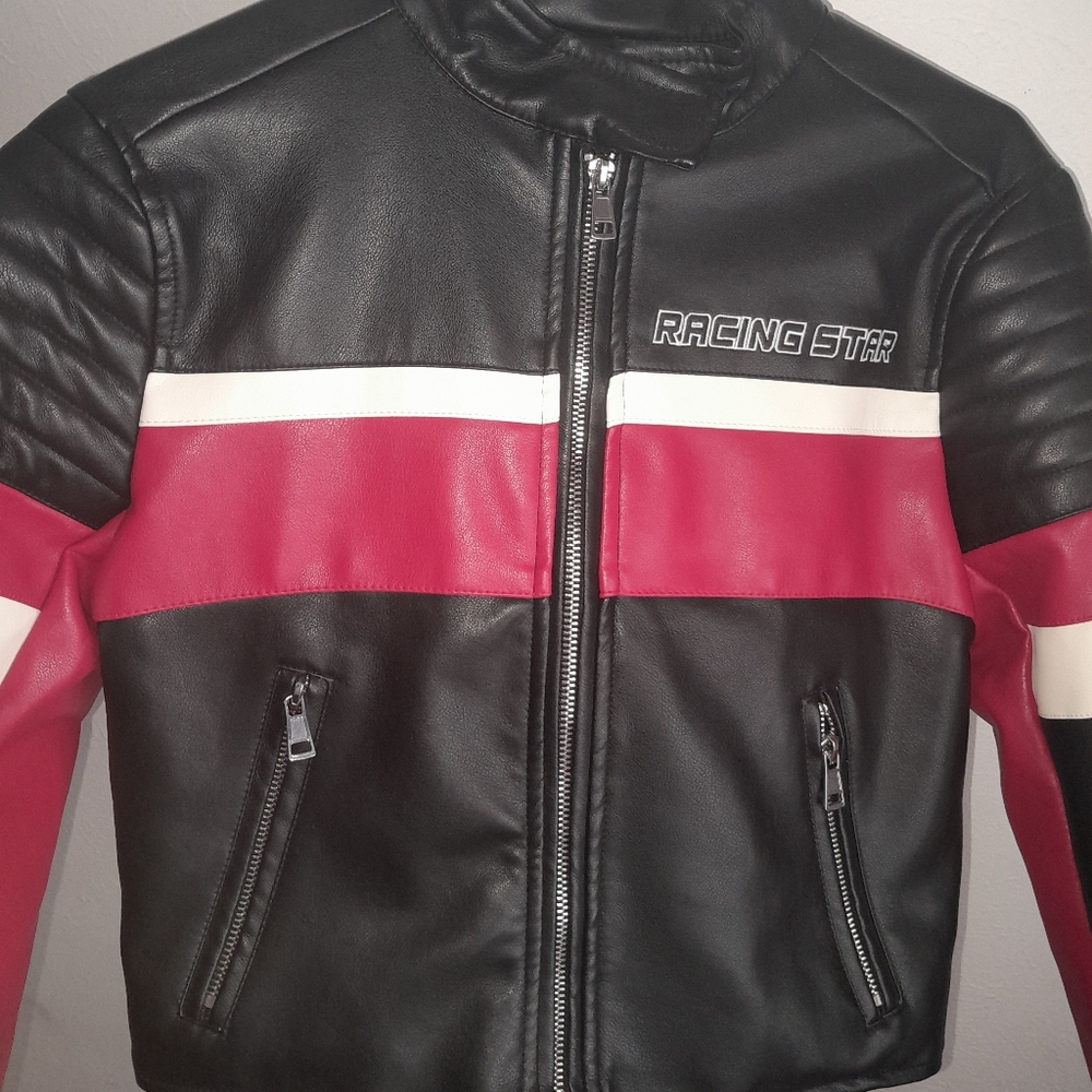 Black Leather Moto Jacket with Burgundy and White Stripes - Picture 5 of 5